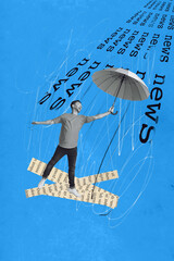 Vertical creative absurd collage 3d photo poster picture of young glad man hiding under parasol from news isolated on painted background