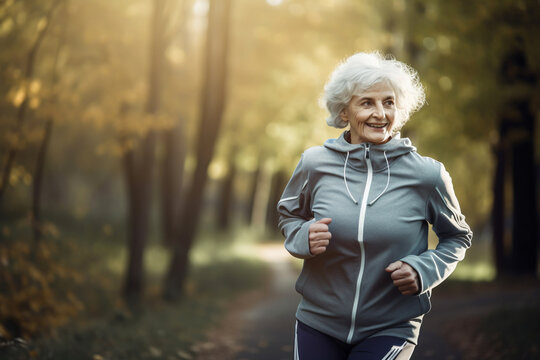 Active Mature woman doing sports, running outdoor, AI generated