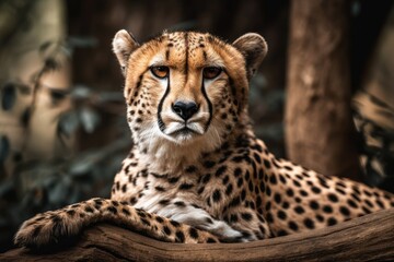 Savannah cheetah perched on a branch. Generative AI