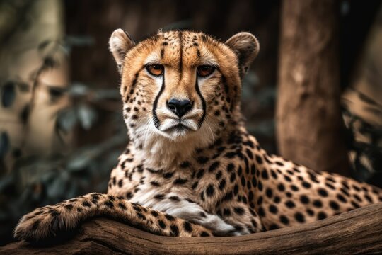 Savannah cheetah perched on a branch. Generative AI © AkuAku