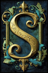 golden capital letter S in blue and green background with leaves