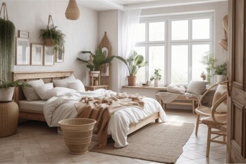 Boho scandinavian farmhouse interior. Beige bedroom with natural wood furniture, shutters, and dry plants. Generative AI