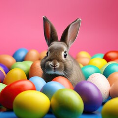 Fototapeta na wymiar Easter Bunny surrounded with colourful easter eggs, Generative AI