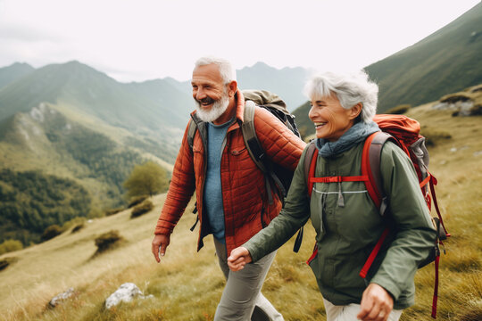 Active Mature couple walking or hiking outdoors, AI generated