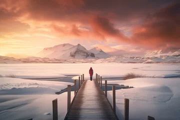 Foto auf Acrylglas Lachsfarbe Mystical Nordic snowy landscape with mountains in the background, a person standing on a high mountain overlooking a lake at sunset, Generative AI