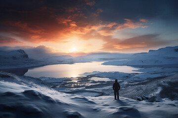 Mystical Nordic snowy landscape with mountains in the background, a person standing on a high mountain overlooking a lake at sunset, Generative AI