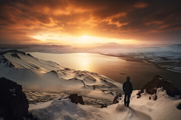 Mystical Nordic snowy landscape with mountains in the background, a person standing on a high mountain overlooking a lake at sunset, Generative AI