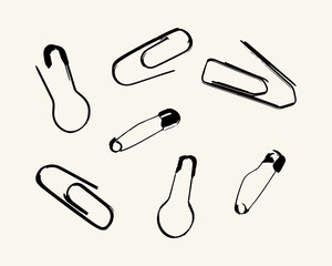 Hand drawn black icons of a safety pins and paperclips in different shapes. Set of stationery symbols. 