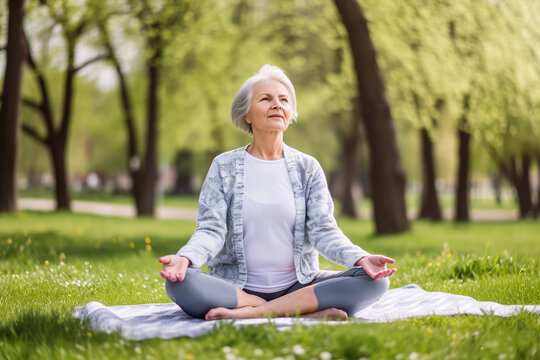 Mature woman practicing yoga and meditation outdoor, AI generated