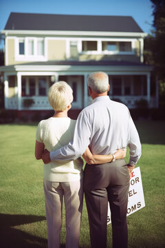 wealthy couple in their late 50's, standing in front of a home with a sold sign out front in the background, they are now retired and just made a lot of money on their home sale , ai generative