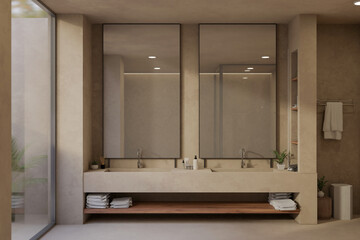 Modern contemporary and luxury bathroom interior design with double modern sink and mirror