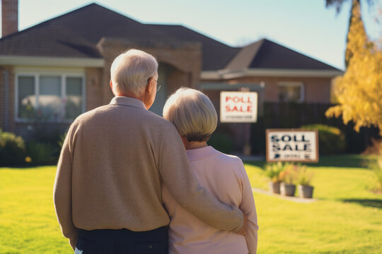 wealthy couple in their late 50's, standing in front of a home with a sold sign out front in the background, they are now retired and just made a lot of money on their home sale , ai generative