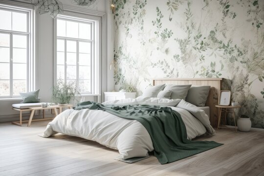Fototapeta White and green farmhouse bedroom mockup. Wallpaper and wood furniture. Boho decor,. Generative AI