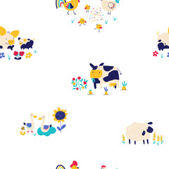 Farm cartoon seamless pattern. Vector funny hand drawn characters of domestic animals and birds, countryside, garden and vegetable garden. Trendy doodle style, bright palette.