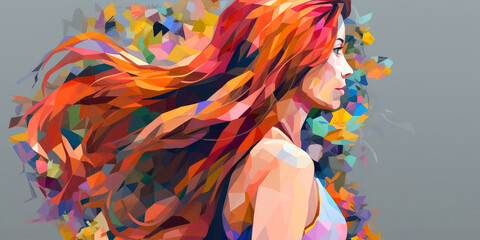 illustration backview of a long hair girl, some irregular color polygon. ai generative
