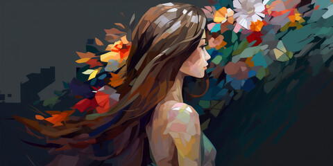 Naklejka premium illustration backview of a long hair girl, some irregular color polygon. ai generative