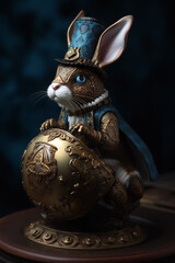 Fototapeta na wymiar Easter Bunny and a fine detail artcraft golden jewelry Easter Egg. Steampunk, fine art concept. Generative AI