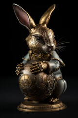 Easter Bunny and a fine detail artcraft golden jewelry Easter Egg. Steampunk, fine art concept. Generative AI