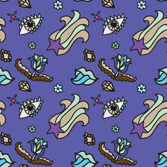 star, flover, lips naive handdrawn cartoon seamless pattern cold color