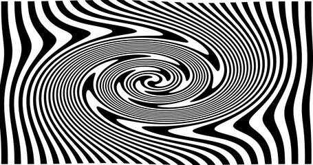 Optical Art with Twist Striped. Background Abstract Line Black and White Color. Swirl Hypnotic Pattern. Vector illustration.