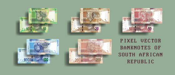 Vector set of pixelated mosaic South African banknotes. Bills in denominations of 10, 20, 50, 100 and 200 rand. SAR paper money. - obrazy, fototapety, plakaty