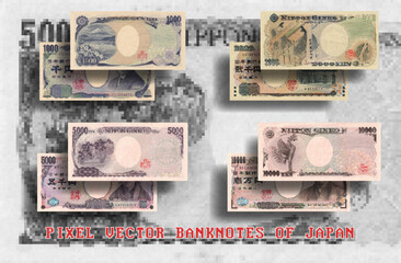 Vector set of pixelated mosaic banknotes of Japan. Denominations of bills are 1000, 2000, 5000 and 10000 yen. Obverse and reverse of Japanese money.