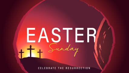 Easter Sunday morning, He is risen, tomb and Calvary. Celebrate the resurrection, invitation design for Easter worship service or banner. Vector illustration