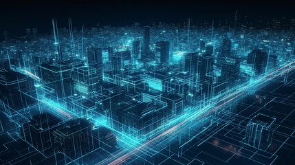 Naklejka premium Smart City downtown with blue lines visualizing a big data network created with generative AI