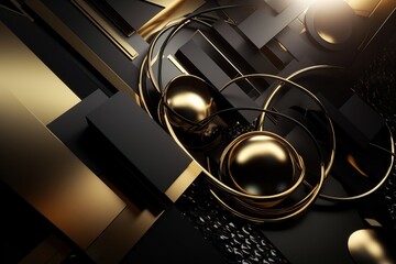 Futuristic abstract shapes in black and gold colors, luxury background and textures made with generative AI
