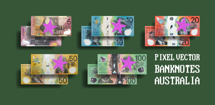Vector plastic pixel money set of Australia. Mosaic banknotes, denominations of 5, 10, 20, 50 and 100 Australian dollars. White isolated background.