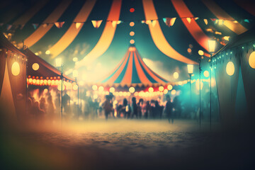 Night view of a circus tents and many light lamps with blurred background. Neural network AI generated art - obrazy, fototapety, plakaty