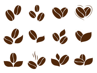 Coffee beans brown icon collection. Roasted beans with leafs. Vector illustration isolated on a white background