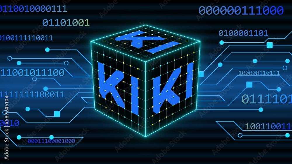 Poster concept of visualization of artificial intelligence - ki letters in the cube on binary code backgrou