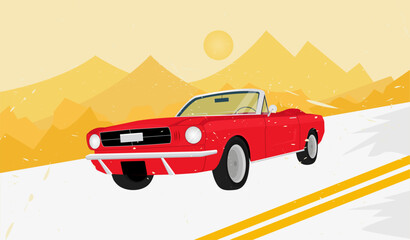 Red cabriolet on a background of mountains in a flat style.Vintage and sports car. - obrazy, fototapety, plakaty