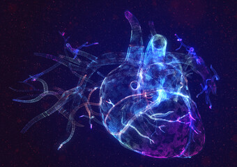 Glowing human heart made of neon particles. Bright magic heart health concept art