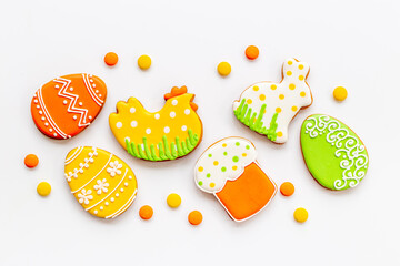 Easter Bunny cookies background with sugar sprinkles, top view