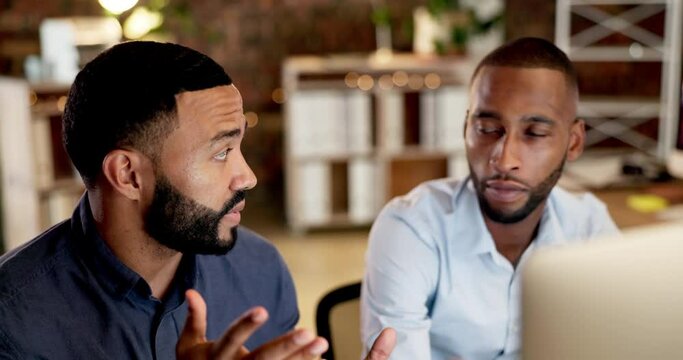 Business people, coach and training intern at night on computer in digital marketing, advertising or finance at the office. Businessman working late coaching employee explaining system software on PC