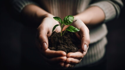 A woman holds a plant bud in her hand with soil for planting with Generative AI	