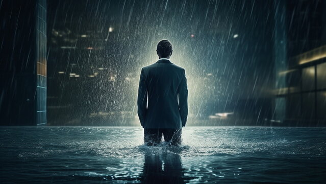 A businessman standing in water under heavy rain drowning with Generative AI.