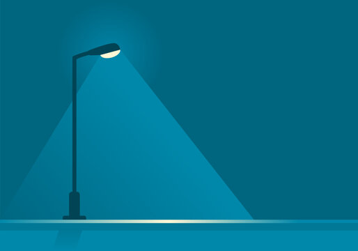 Electric streetlight lamp pole illumination at night time in the park on dark blue background flat icon vector design.