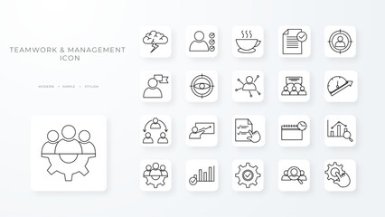 Teamwork and Management icon collection with black outline style. community, cooperation, handshake, manager, success, teamwork, brainstorm. Vector Illustration