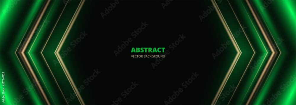 Poster green and gold wide luxury abstract background with 3d arrow shapes effects. luxury elegant abstract