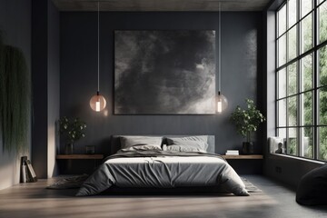 Dark gray bedroom interior seen from the corner, with a square canvas hanging above the bed and a desk for a home office close to the large window. concrete surface. a mockup concept for contemporary