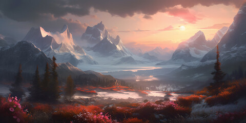 Mystic Nordic Winter Landscape with River and Wildflowers in Foreground during Sunset, Generative AI