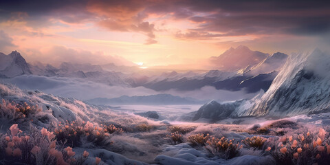 Mystic Nordic Winter Landscape with River and Wildflowers in Foreground during Sunset, Generative AI