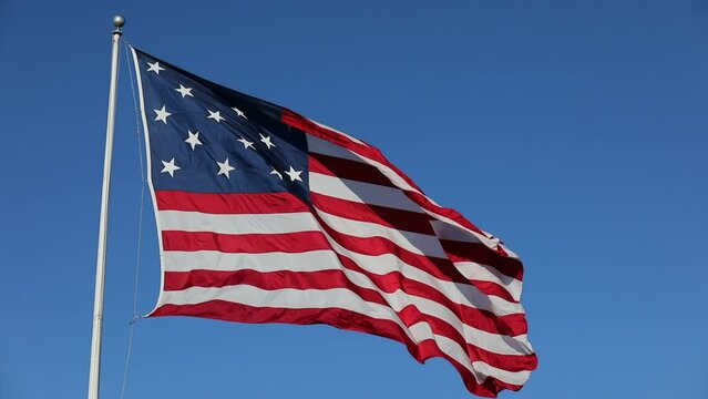 Waving USA Flag in Clear Blue Sky. USA American Flag. Waving United States of America Famous Flag