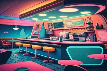Retro 70's restaurant illustration. Generative AI