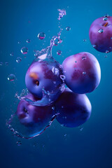 Ripe plums with splashes of drops of water or juice on a blue background, Generative AI