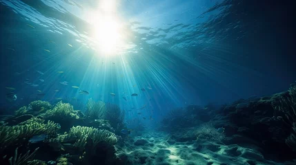 Gordijnen Blue sunlight illuminating underwater sea, creates stunning marine photography. Generative AI © Gelpi