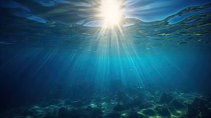 Fototapeta na wymiar Blue sunlight illuminating underwater sea, creates stunning marine photography. Generative AI